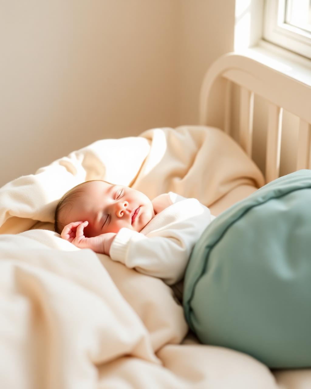 A peaceful baby sleeping soundly in a softly lit nursery